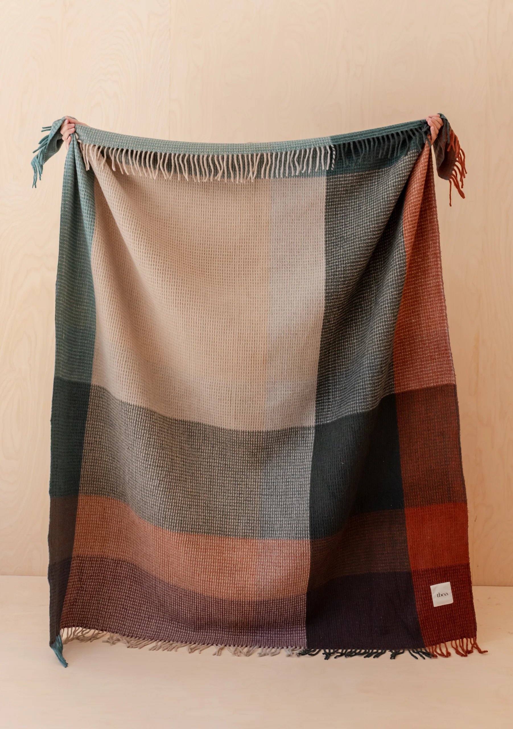 Recycled Wool Blanket in Green Waffle Block Check