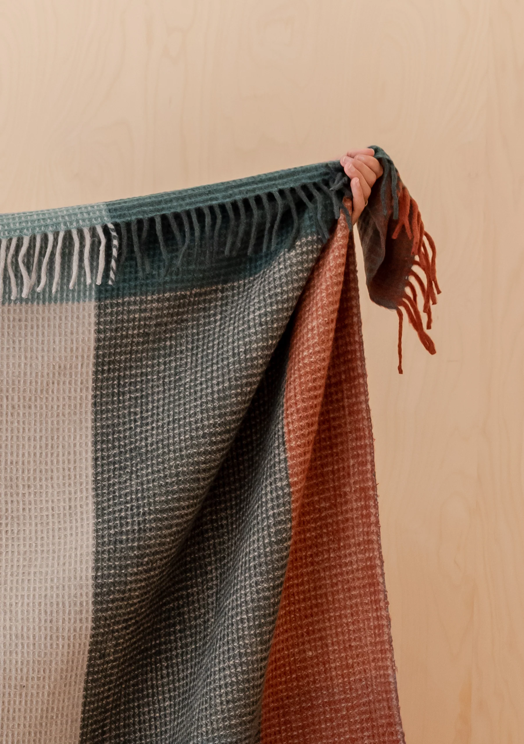 Recycled Wool Blanket in Green Waffle Block Check - Image 2
