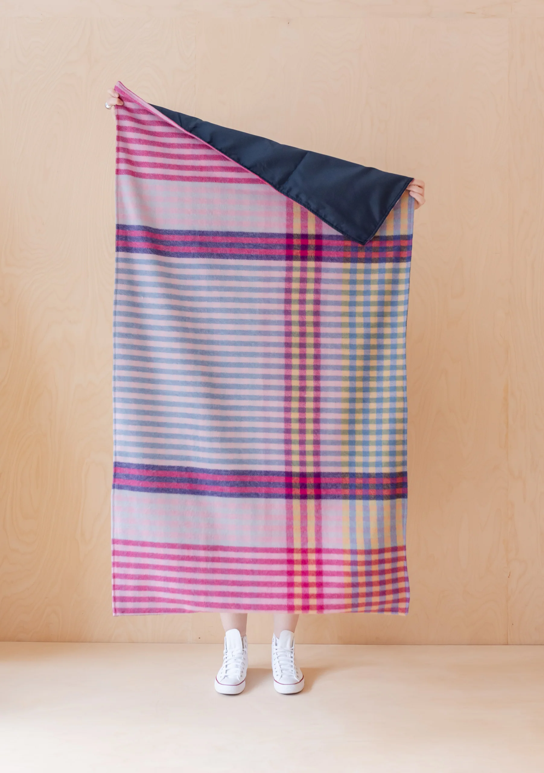 Recycled Wool Small Picnic Blanket in Pink Micro Gingham - Image 3