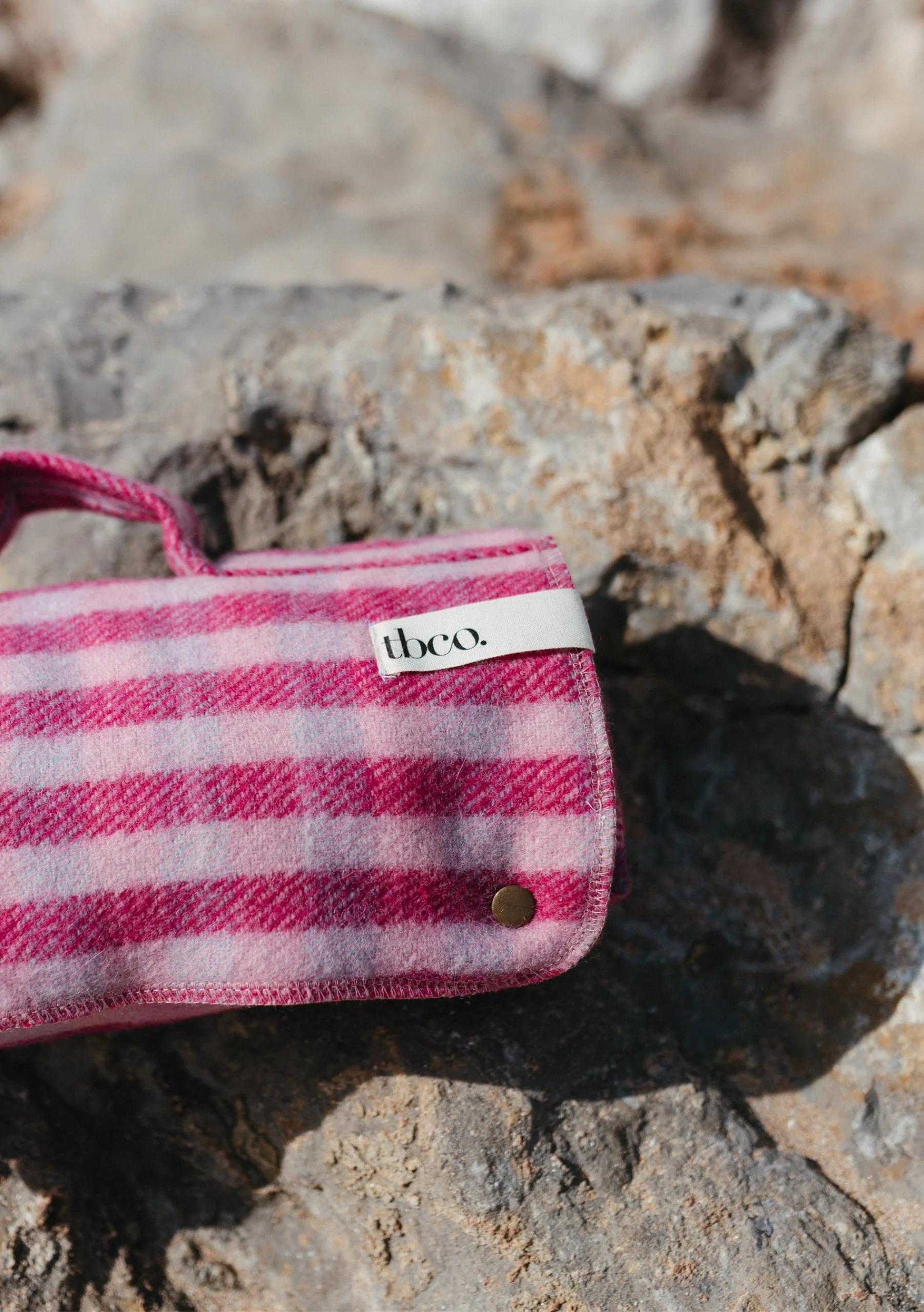 Recycled Wool Small Picnic Blanket in Pink Micro Gingham - Image 4