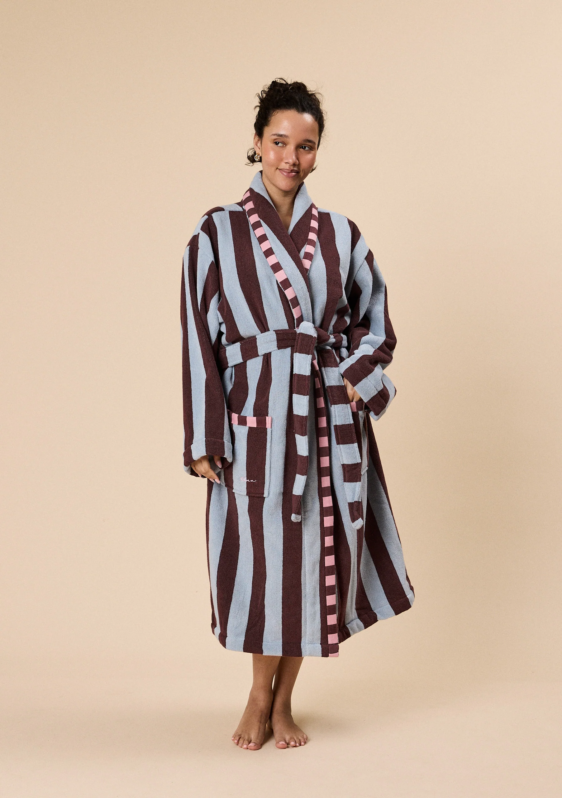 Terry Cotton Bath Robe in Blue Stripe - Image 4