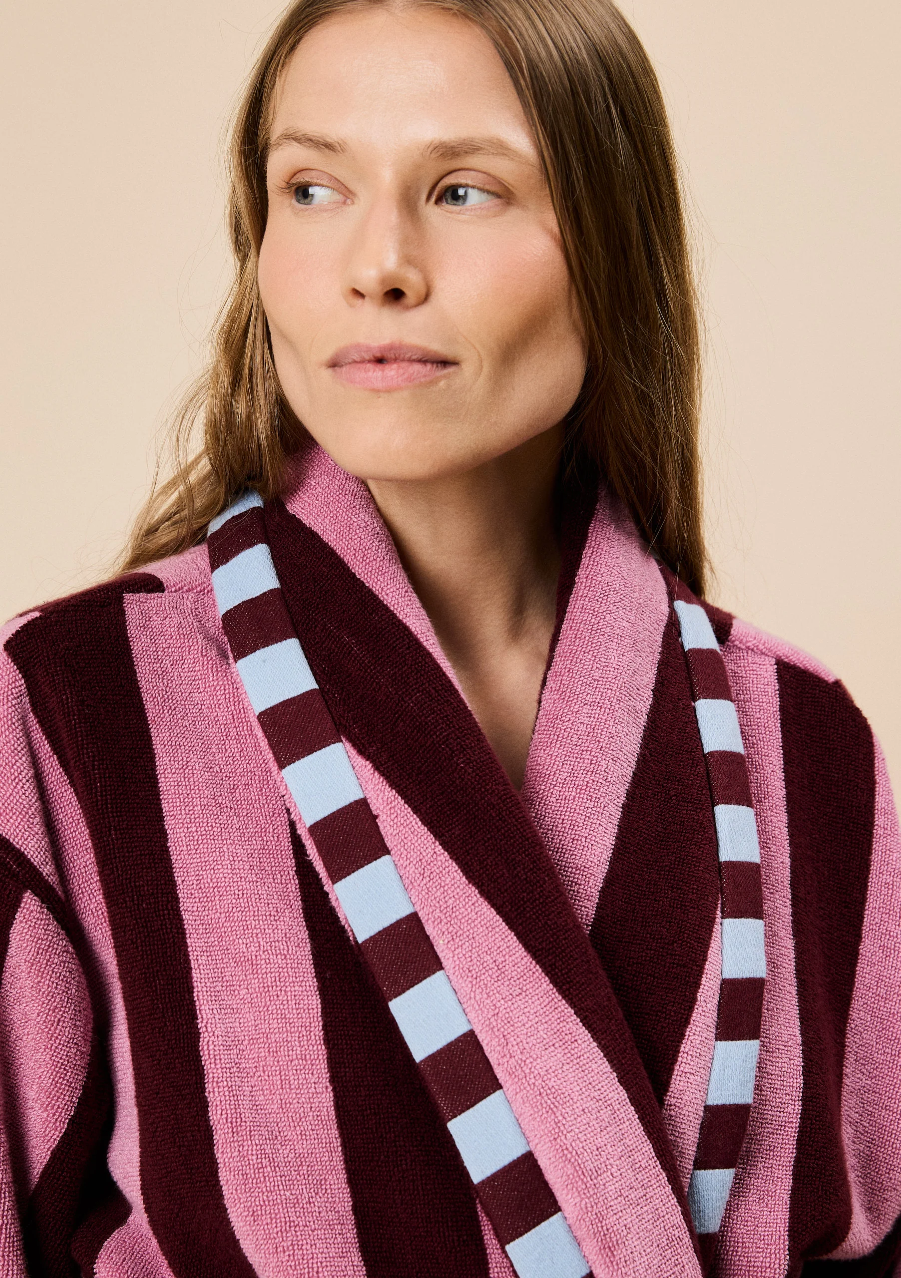 Terry Cotton Bath Robe in Burgundy Stripe - Image 5
