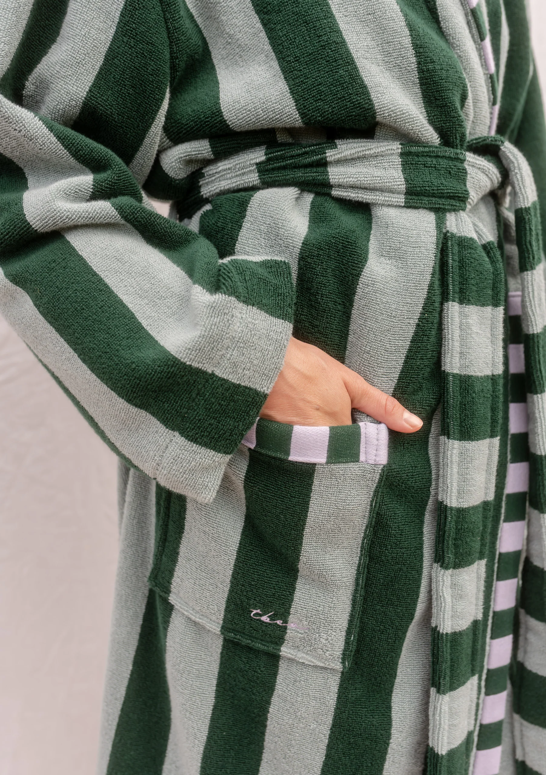 Terry Cotton Bath Robe in Green Stripe - Image 4