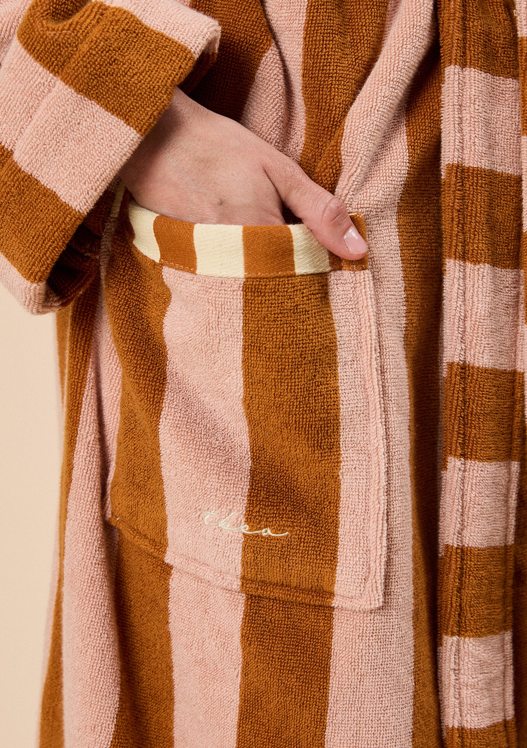 Terry Cotton Bath Robe in Honeycomb Stripe - Image 3