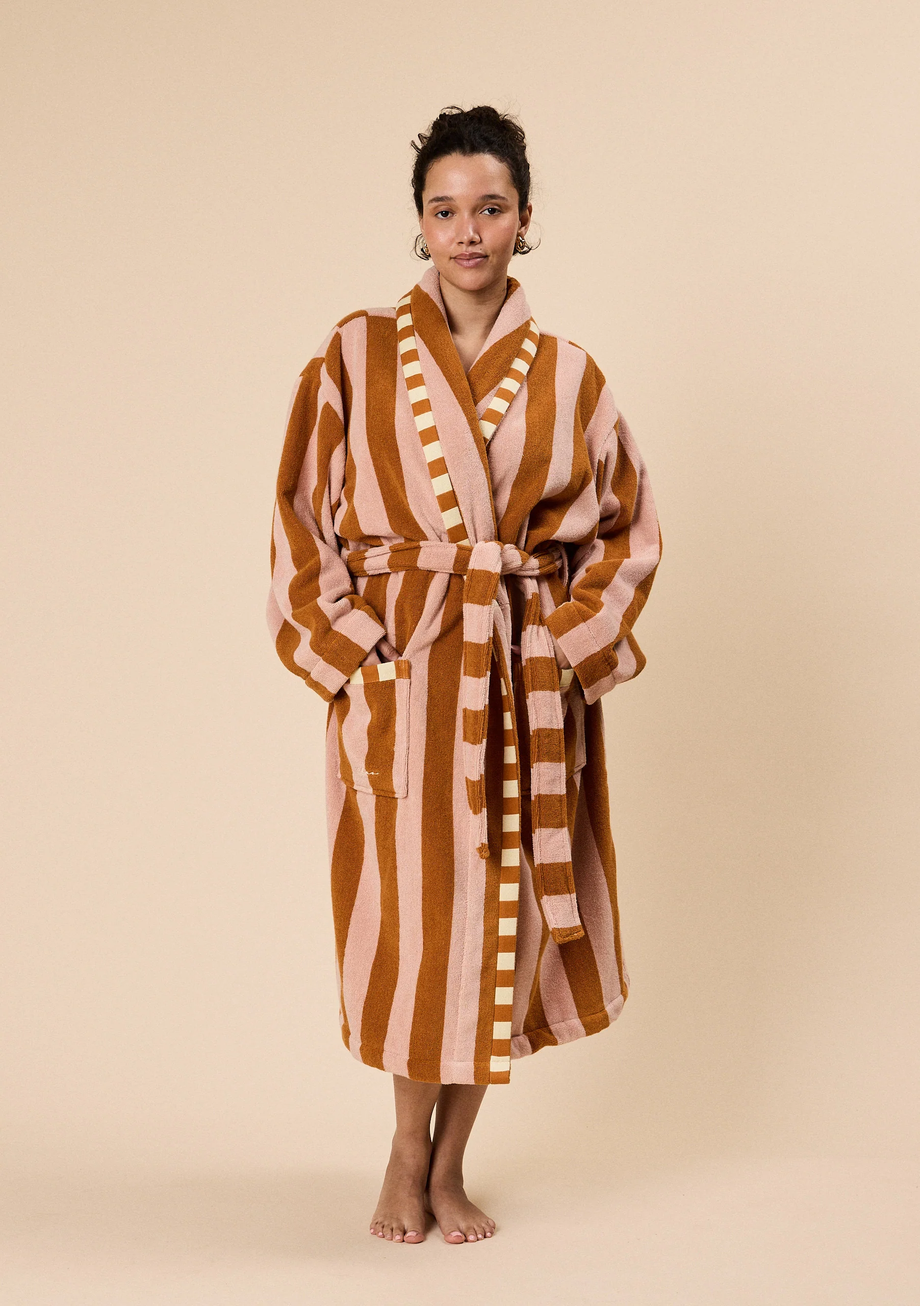 Terry Cotton Bath Robe in Honeycomb Stripe - Image 4