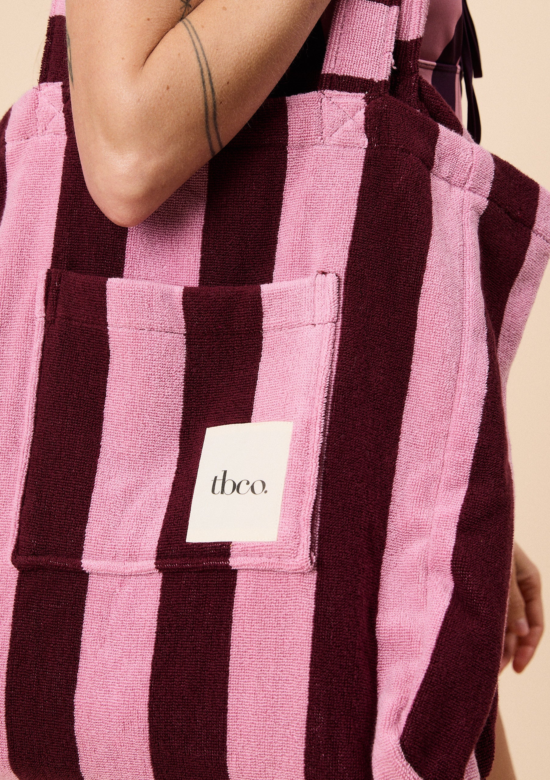 Terry Cotton Tote Bag in Burgundy Stripe - Image 4