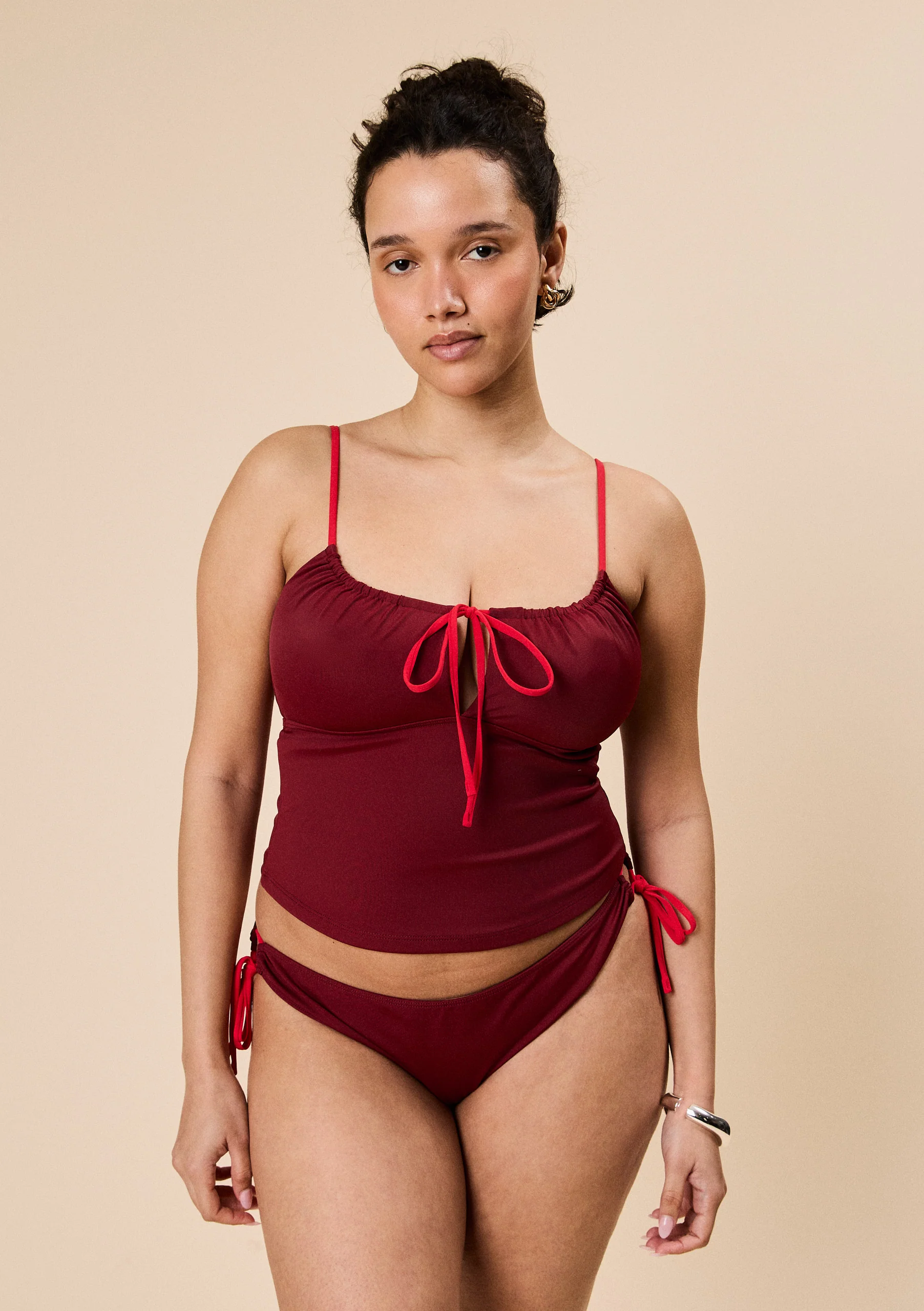 Gathered Tankini Top in Burgundy & Red - Image 6